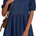Dokotoo Denim Dress for Women Short Puff Sleeve V Neck Solid Babydoll Jean Dresses (Blue, M)