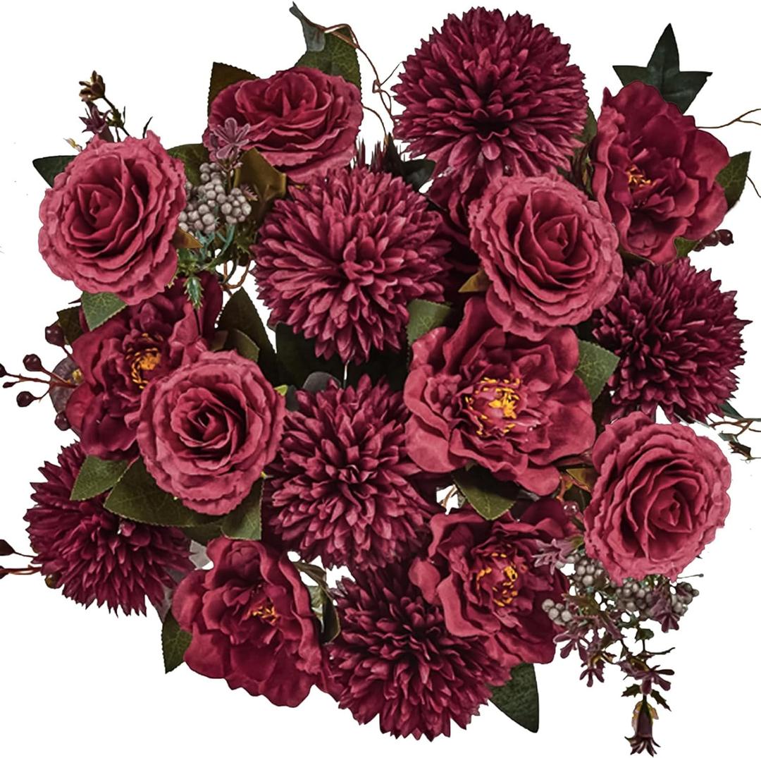 Premium Burgundy Silk Flowers Bouquet, Wine Artificial Floral Arrangements, Dark Red Fake Flower for Wedding Bridal Bouquets, Home Decorations, Baby Shower, Table Centerpieces 8 pack