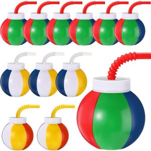 Amyhill Beach Theme Party Supplies Beach Ball Favor Cups with Straws and Lids, 10 oz Plastic Swimming Pool Cups Bulk for Kids Birthday Summer Party(12 Set)