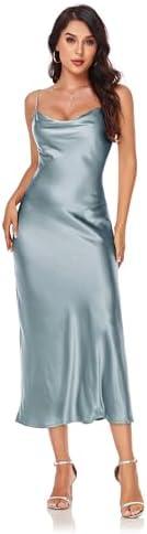 Women's Spaghetti Strap Midi Satin Silk Dresses Slip Cowl Neck Party Cocktail Evening Sexy Dress, Small
