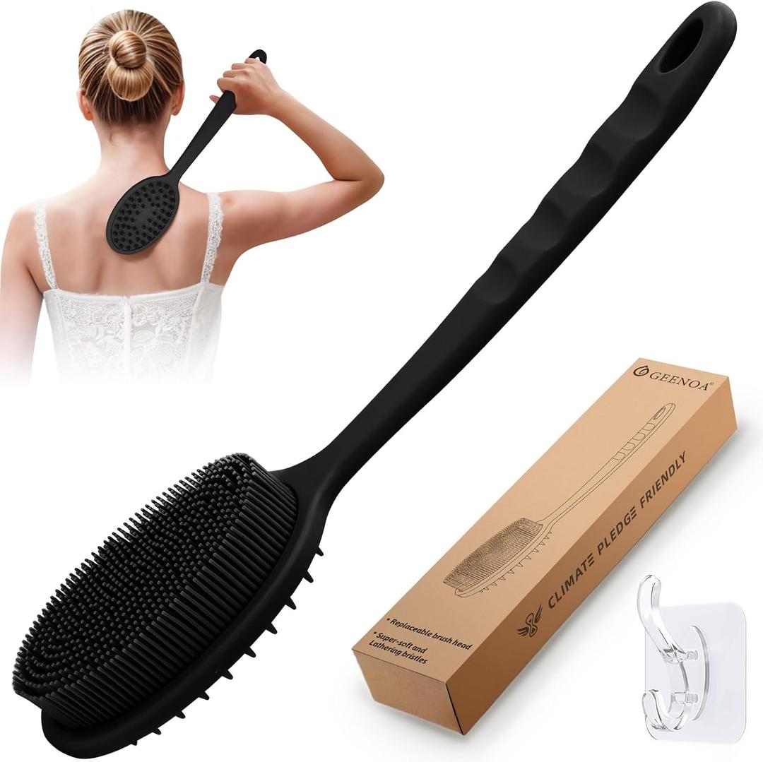 Silicone Back Scrubber for Shower, Soft Silicone Loofah with Handle, Gentle Exfoliating Back Scrubber, Back Brush Bath Brush with Dual-Side & Detachable Brush Head(Black)
