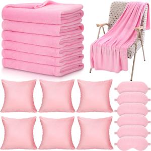 18 Pcs Sleepover Party Supplies Set 6 Pcs Fleece Soft Blankets 6 Pcs Velvet Pillows 6 Pcs Faux Rabbit Fur Sleep Eye Mask Sleeping Stuff Accessories for Slumber Spa Favors(Pink)