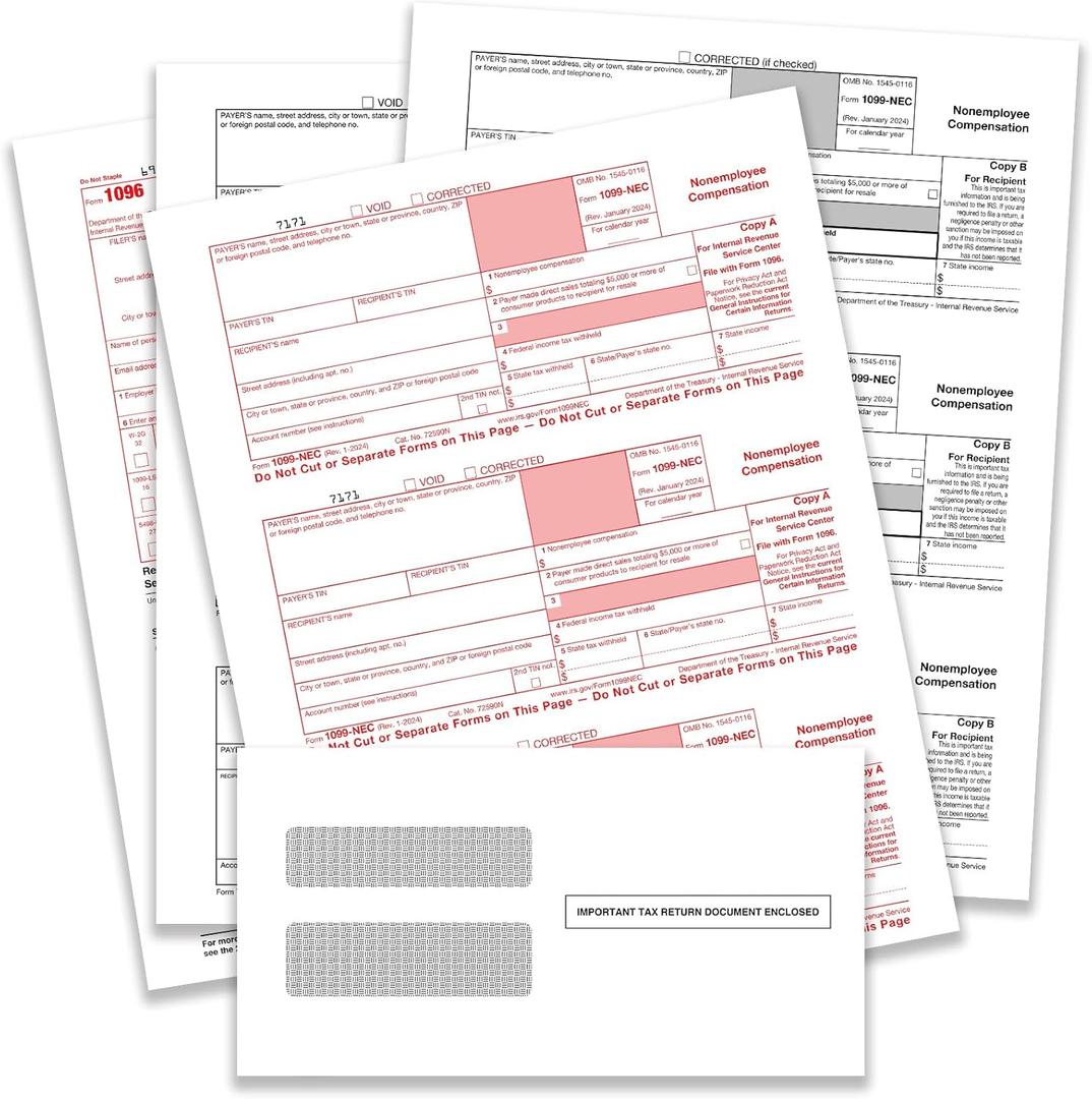 1099-NEC Forms 2024,4 Part Tax Forms Kit with 25 Self-Seal Envelopes,25 Vendor Kit of Laser Forms,Compatible with QuickBooks and Accounting,Includes 3 1096 Forms