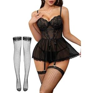 Foxiny Sexy Floral Lace Mesh Sheer Garter Babydoll Lingerie Dress Corset Outfit Set with Thong 3 Piece M
