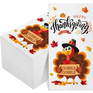 100 Pcs Thanksgiving Napkins Turkey Guest Paper Napkins Fall 3 Ply Happy Thanksgiving Day Pumpkin Maple Leaf Disposable Hand Towels for Kitchen Dinner Bathroom Autumn Harvest Party Decor