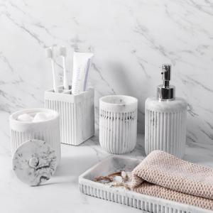 XLHOMO Resin White Marble Bathroom Accessories Set 5 Pcs, Lotion Soap Dispenser, Toothbrush Holder, Bathroom Tumbler, Qtip Holder and Vanity Tray, Bathroom Countertop Organizer Set for Home Apartment