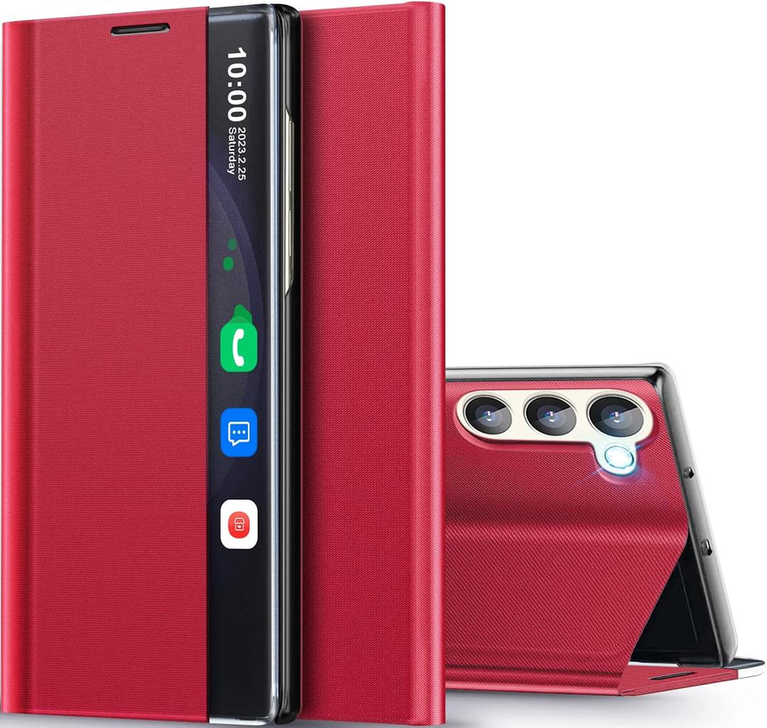 for Samsung Galaxy S23 5G Case Clear View Window Hard PC for Samsung S23 Phone Case Slim Mirror Kickstand Luxury Flip Shockproof Galaxy S23 5g Protective Cover (Red)