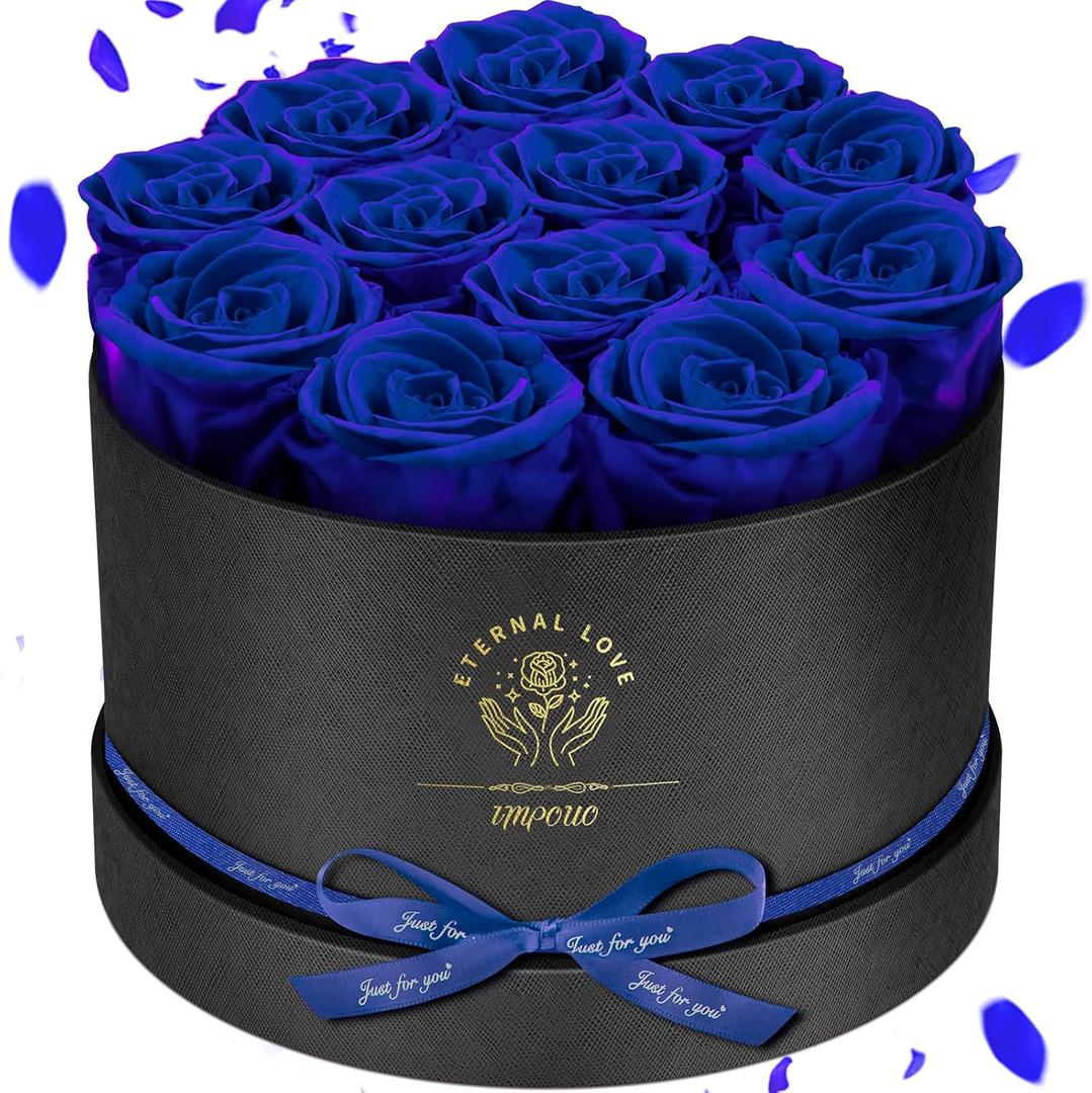 Forever Flowers,12 Roses in A BoxReal Preserved RosesBirthday Gift for Women,Mother's Day, Anniversary - Blue Rose