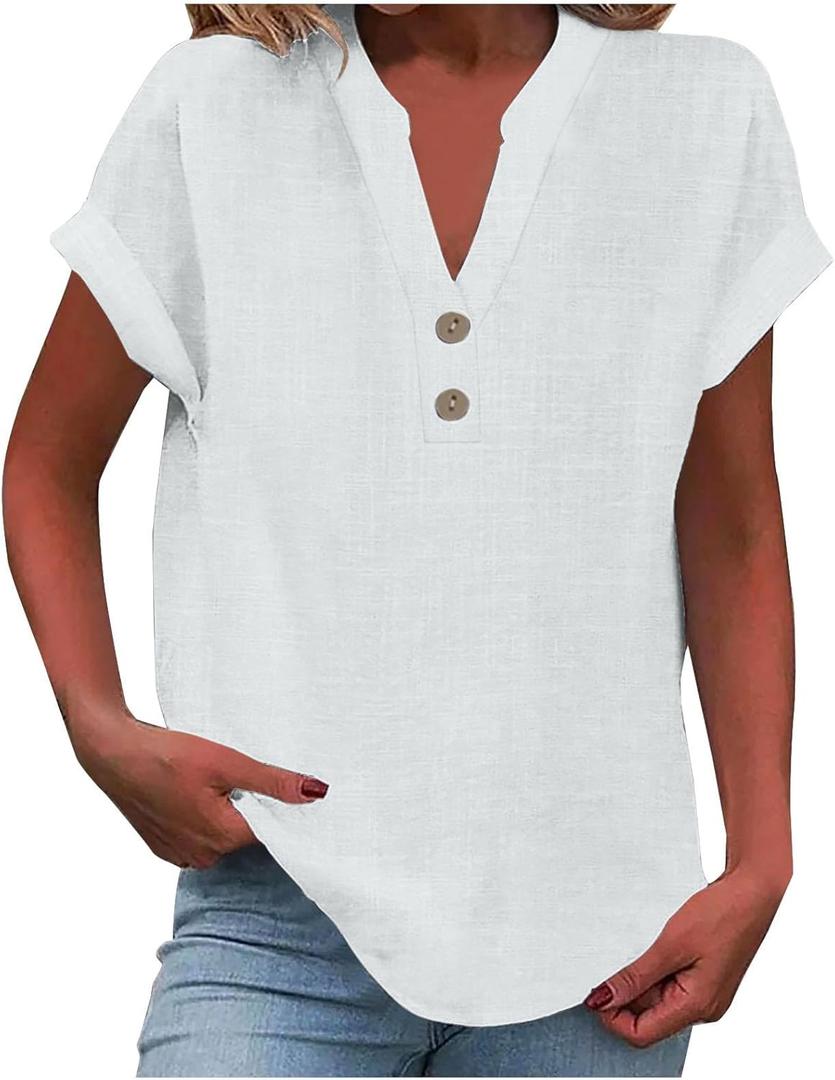 Linen Shirts for Women V Neck Button Down Blouse Short Sleeve Office Work Tops Vintage Vacation Tees Shirt Blouse Tops (White, XXL)