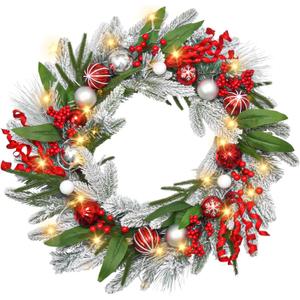 Christmas Wreath with Lights,22-24In Large Christmas Wreaths for Front Door,Battery Operated,Red Berrie,Ball Ornaments and Pine Branch for Door Window Wall Christmas Decoration