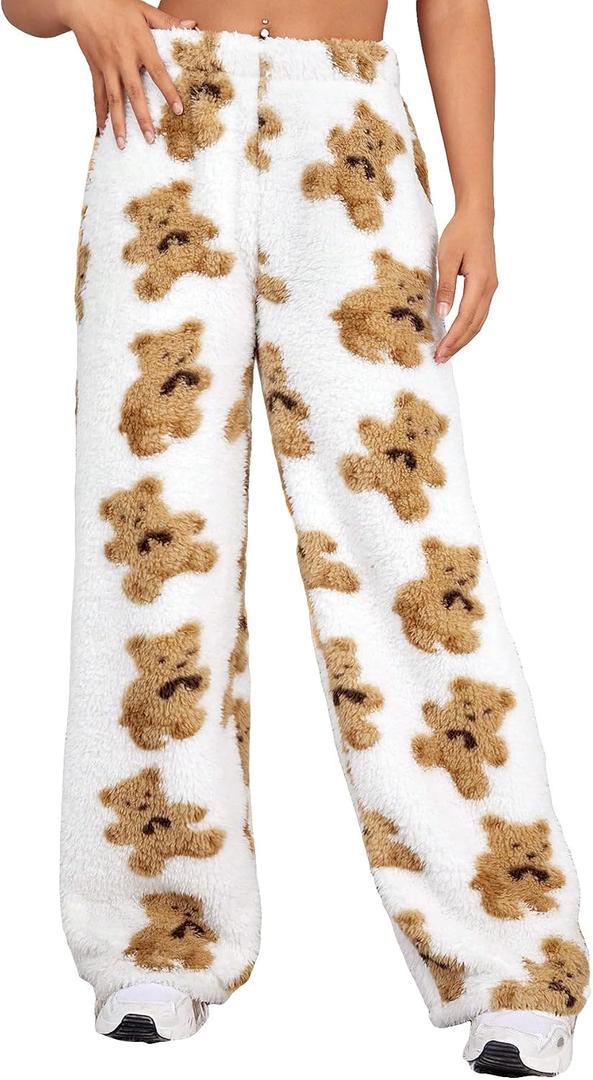 WDIRARA Women's Cartoon Bear Graphic Fuzzy Pajama Pants Elastic Waist Straight Leg Trousers (Beige, L)