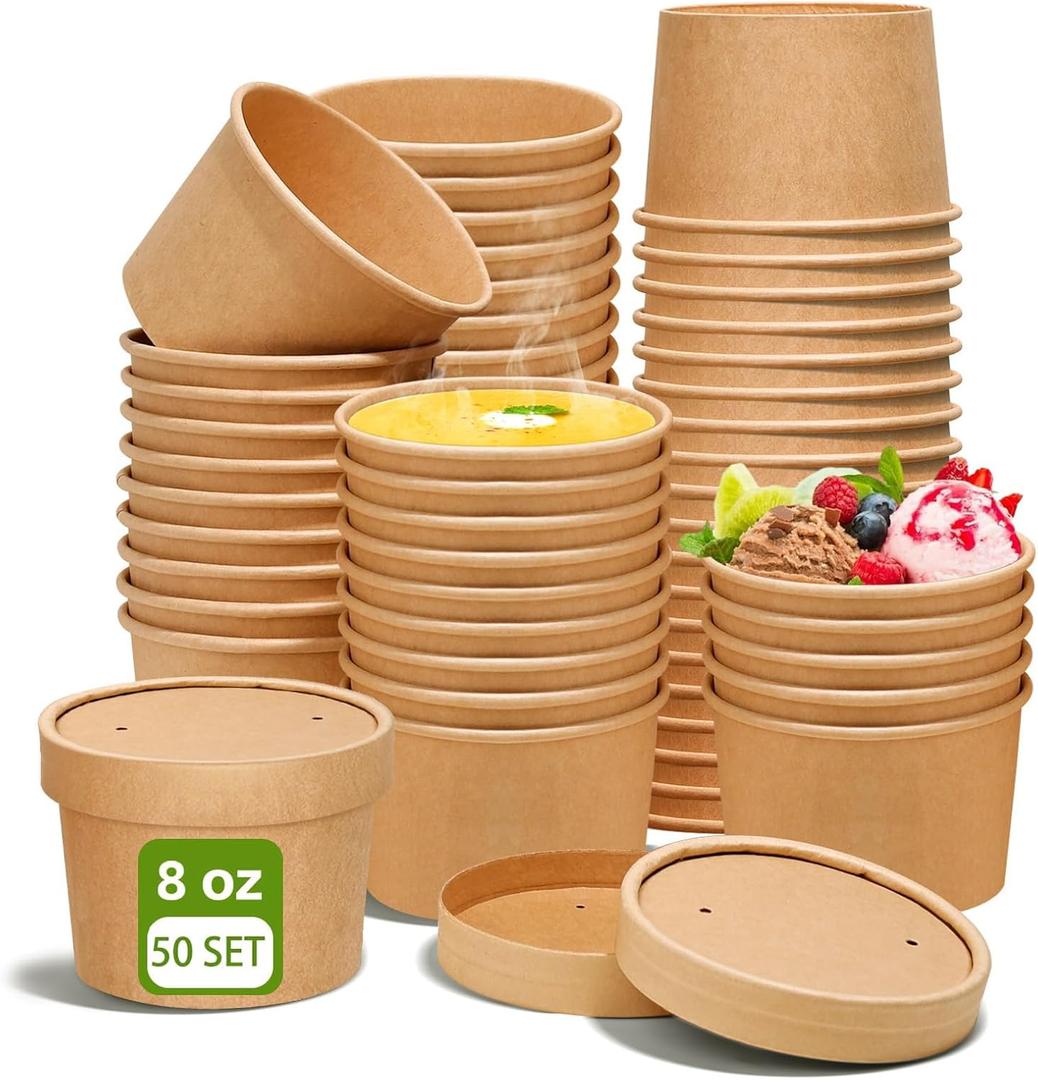 DI QIU REN 8oz Paper Soup Container Cup with Vented Lids, Disposable Paper Food Container Kraft Dessert Bowl Soup Bowls, Microwavable and Freezer Safe for Hot Soup, Ice Cream (50 Pcs  Kraft, 8 oz)