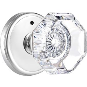 Privacy Crystal Glass Door Knobs Interior with Lock, Modern Octagon Door Knobs for Bedroom/Bathroom, Polished Chrome Finish