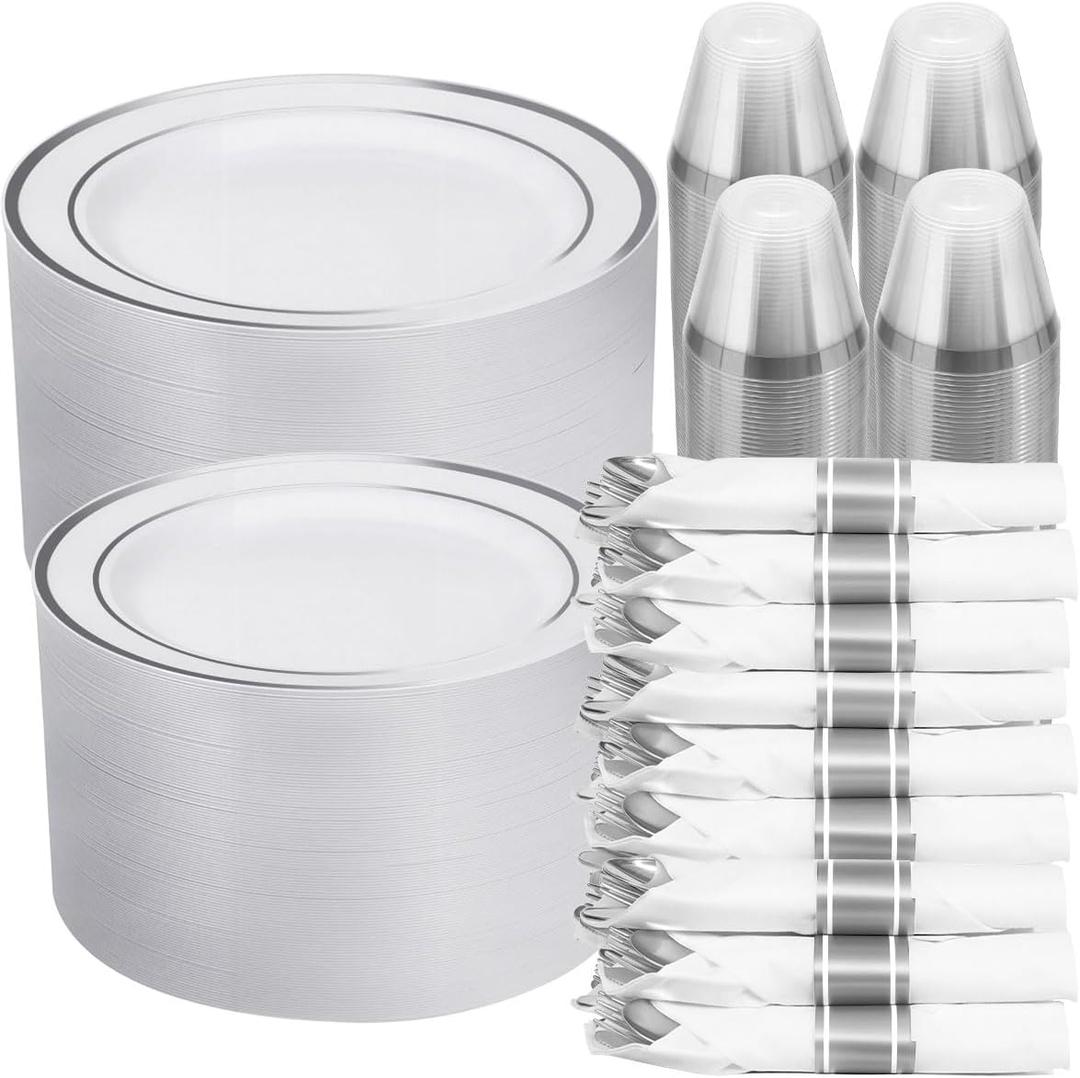 700 PCS White and Silver Plastic Dinnerware Set for 100 Guests, 200 Disposable Plates for Party, 100 Pre Rolled Napkins with Silver Silverware, 100 Cups