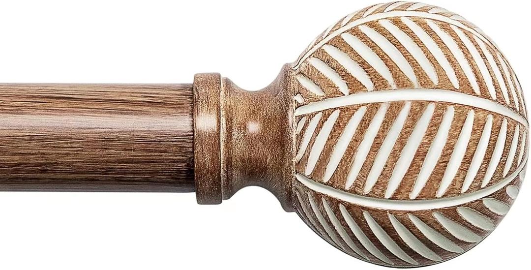 Wood Curtain Rods for Windows: 1 Inch Diameter Adjustable Heavy Duty Curtain Rod 48" to 86" with Imitation Wood Grain Leaf Pattern Finials