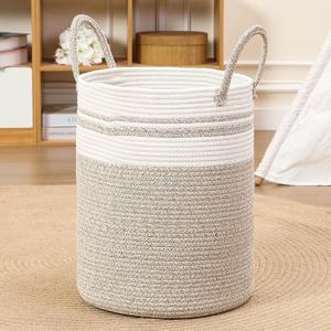 80L Large Woven Laundry Basket Hamper, 100% Natural Cotton Rope, Handwoven & Durable, Storage for Blankets, Toys, Clothes, Nursery Hamper for Living Room, Baby Room, Bedroom (Brown with White)