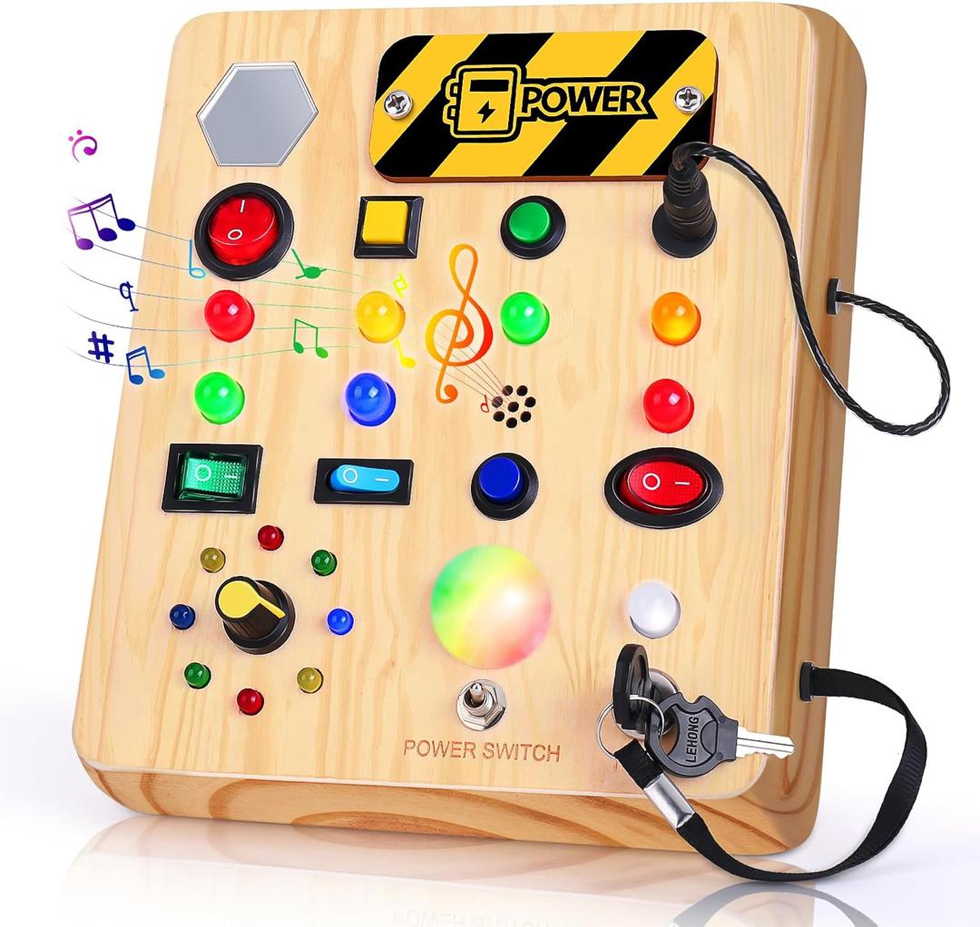 TINTECUSA Busy Board with LED Light, Wooden Sensory Toys for Toddler, Montessori Music Toy for Airplane, Travel Activity Educational Learning Autism Toys, Birthday Boys Girls Gifts