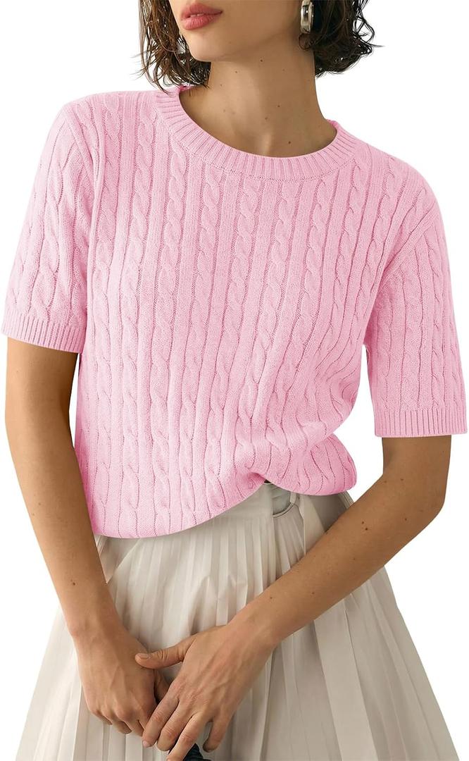 Saodimallsu Womens Cable Knit Sweater Tops Short Sleeve Crew Neck Loose Casual Summer Pullover Sweaters (Pink, M)