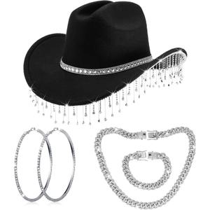 Hercicy Cowgirl Outfit for Women Western Rhinestone Cowboy Hat with Bling Silver Link Chain Necklace Bracelet Circle Earring (Black)