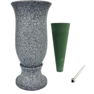 Grave Decorations for Cemetery Vase for Flowers with Stakes and Floral Foam, Draining Holes - for Garden, Grave,Cemetery,Lawn, Yard - Memorial Grave Decorations - Nature Granite Colour (A-4 Grey)