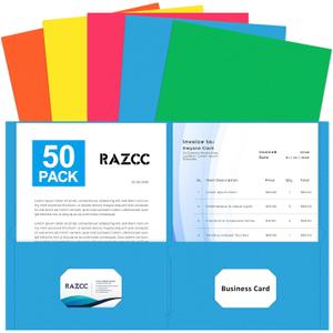 Two Pocket Folders, RAZCC 50 Pack File Folders with Pockets Fit Letter Size Paper, Thick Paper File Folder for School Office Business Home, Assorted 5 Colors