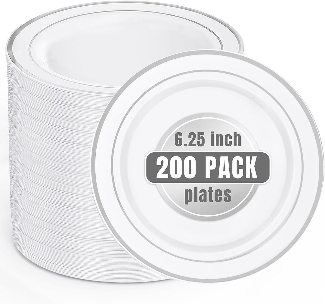bUCLA 200PCS Silver Plastic Plates - 6.25inch White with Silver Trim Disposable Salad/Dessert/Appetizer/Small Cake Plates - Ideal for Wedding & Party