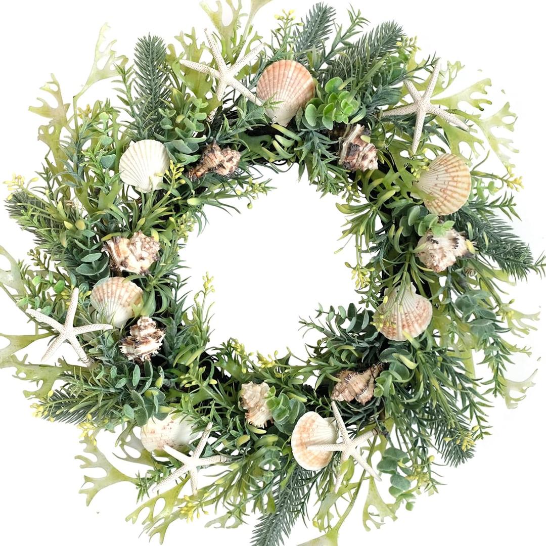 idyllic 22 Inch All Seasons Seashell Wreath with Green Leaves for Front Door and Wedding, Rustic Farmhouse Costal Starfish Conch Shells Wreath for Indoor and Outdoor, Spring Summer Home Decor