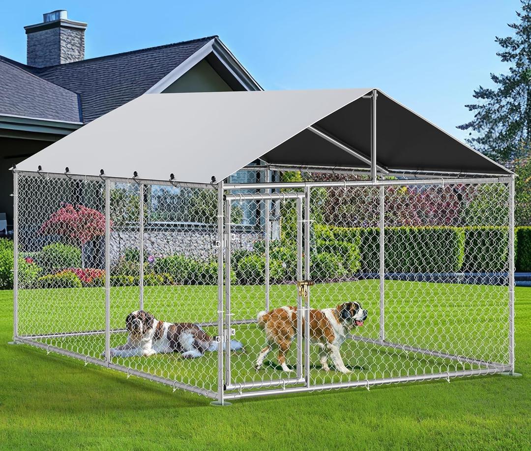 10'x10' Outdoor Dog Kennel with Metal Dog Gate, Outdoor Dog Pens with Roof, Heavy Duty Dog Kennel for Backyard Farm Use