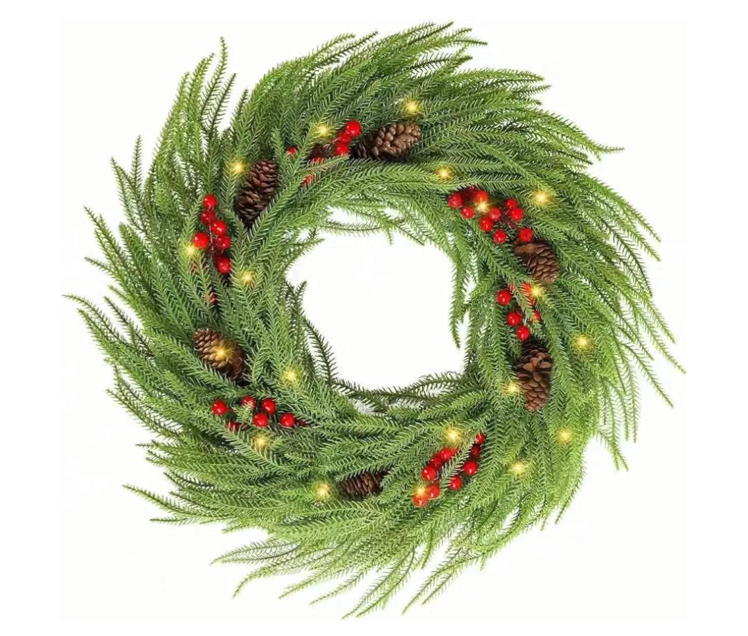 24 Inch Lighted Christmas Wreath for Front Door，Norfolk Pine Green Prelit Christmas Wreaths, Real Touch Wreath for Home Decorations Xmas Indoor Outdoor Decor (Green)