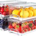 4-Pack Refrigerator Drawer Organizer Bins, Clear Stackable Pull Out Fridge Organizers and Storage Container, with Strainer Layer for Fruits, Vegetables, Drinks, Snack and Food