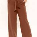 Eytino Womens Plus Size Stretch Dress Pants Comfy Wide Leg Belted Lounge Pants for Office, 1X-5X (Brown, XL)