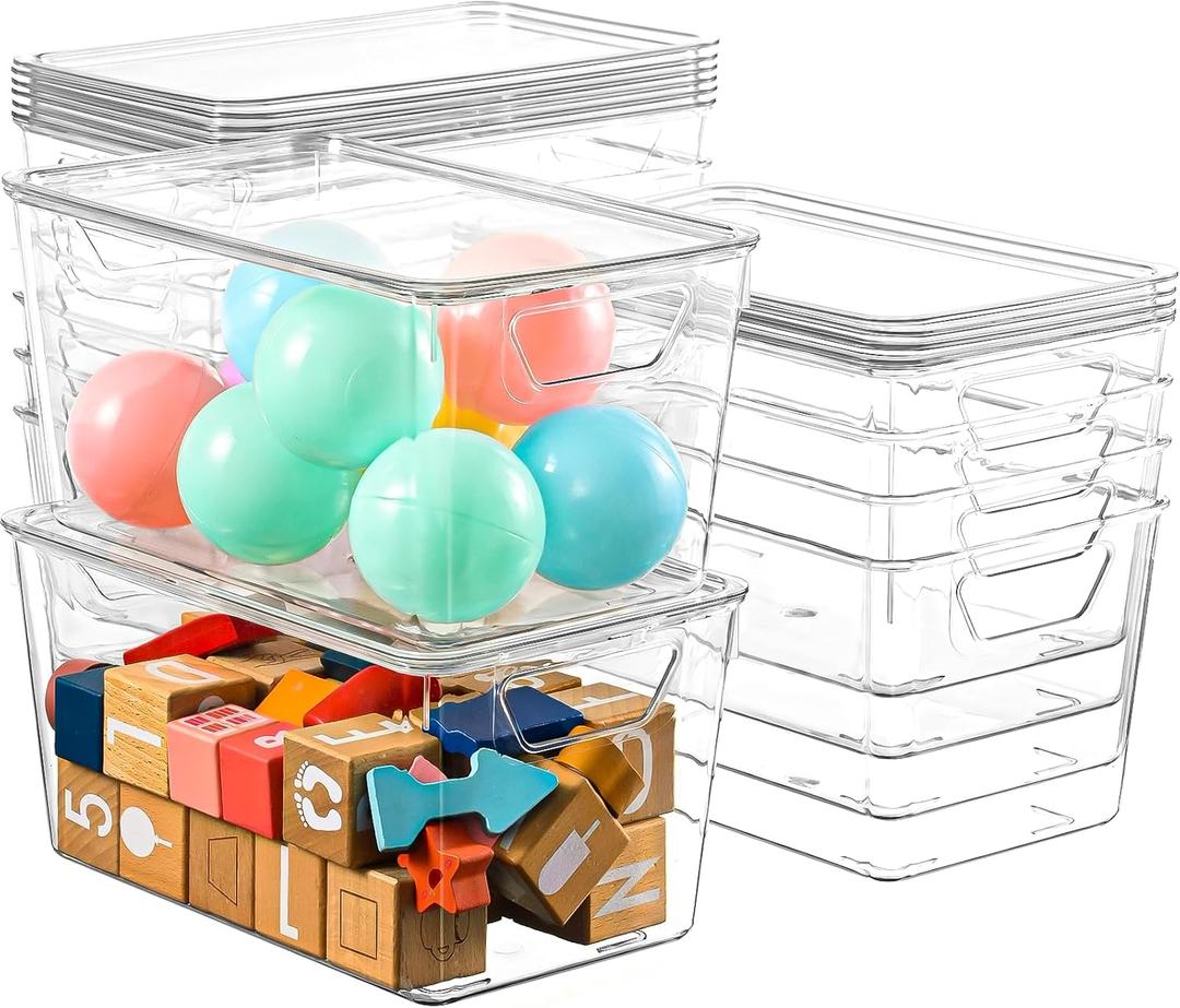 12 Pack Middle Stackable Storage Boxes for Storage and Organization, Clear Storage Bins with Lids, Plastic Storage Containers with Lids, Plastic Bins with Handles for Office, Bedroom, Study Room