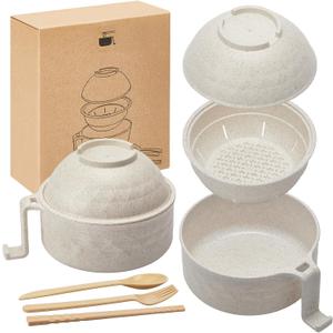 1 Set Microwave Ramen Cooker 40oz Wheat Straw Microwave Noodle Bowl Set with Chopsticks, Spoon, Fork, College Dorm Office Apartment Essentials (Beige)