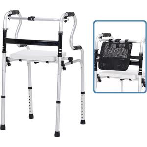 Lightweight Folding Walker with Seat & Storage Bag Adjustable Height, 2-in-1 Fixed & Cross Modes, Stable Aluminum Alloy Mobility Aid for Seniors & Mobility-Impaired