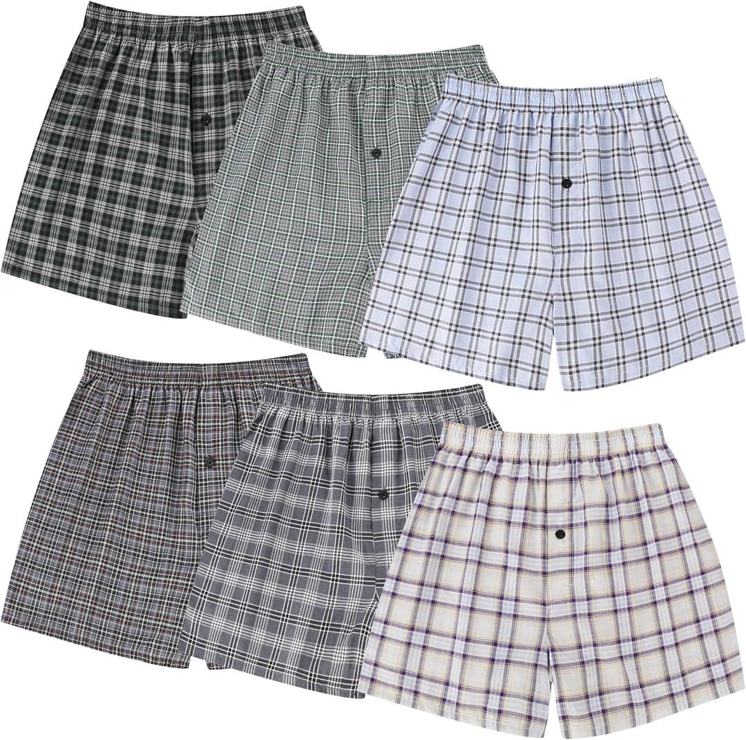 BAMBOO COOL Men's Underwear Woven Boxer Shorts,Classic Relaxed Fit,Lightweight Plaid Boxers,6 Pack M