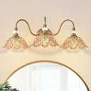 Vintage Bathroom Vanity Light, 3-Light Matte Deep Brass Finish Vanity Light with Flower-Shaped Amber Glass Shades, Retro Wall Sconce for Bathroom