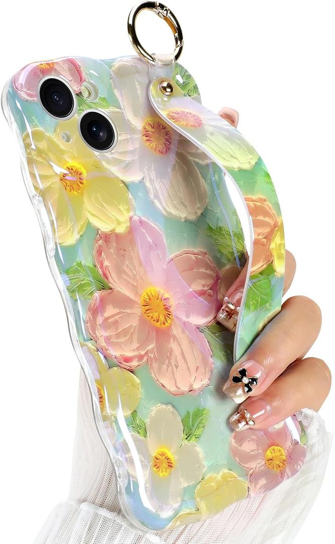 for iPhone 14 Plus Case with Finger Hand Wrist Strap, Cute Colorful Oil Painting Flower Floral Phone Case for Girls Women Stylish Aesthetic Curly Wave Frame Protective Cover, Pink Green