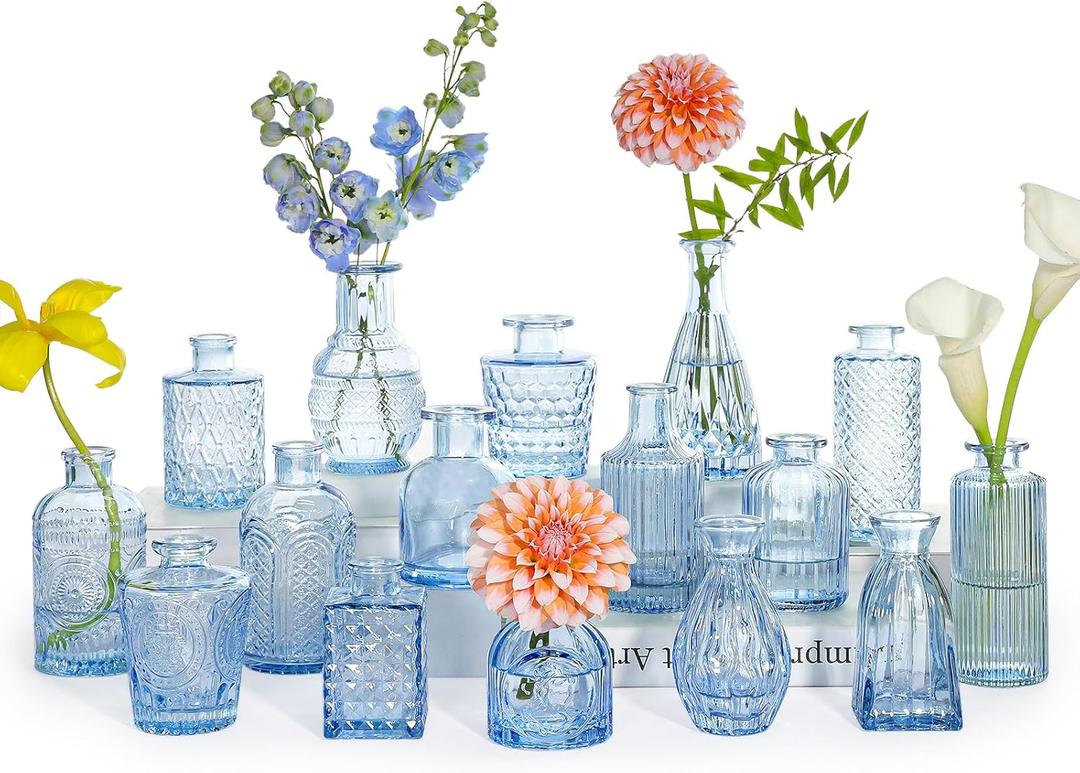 16pcs Glass Bud Vase Set, Small Blue Flower Vases for Centerpieces in Bulk, Mini Vintage Vase for Wedding, Home Decor, Table Decoration