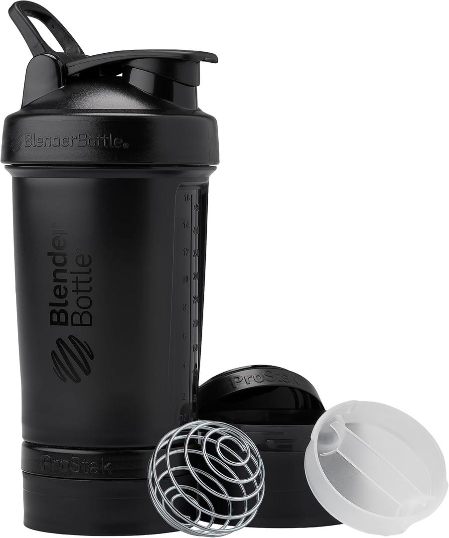 BlenderBottle Shaker Bottle with Pill Organizer and Storage for Protein Powder, Classic V2 ProStak System, 22-Ounce, Midnight Black