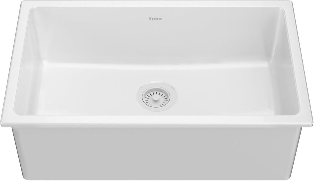 KRAUS Turino 30 Drop-In Undermount Fireclay Single Bowl Kitchen Sink with Thick Mounting Deck in Gloss White, KFD1-30GWH
