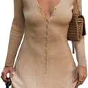 Women Sexy Deep V Neck Button Front Knit Mini Dress Elegant Long Sleeve Ribbed Flowy Hem A-Line Short Dresses (M)