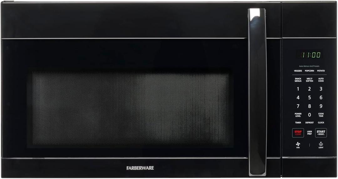 Farberware 1.7 Cu. Ft. Over-the-Range Microwave Oven  1000 Watts Power, Auto Cook Settings, Defrost, Easy Clean and Child Safety Lock - Black