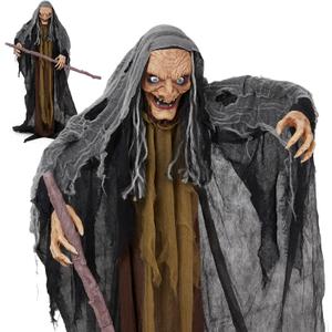 Halloween Standing Witch with Crutch Animatronics Evil,Life Size 5.3ft,Glowing Red Eyes,Witch Voice,Halloween Decoration Indoor Outdoor Touch and Sound Activated not Included Batteries