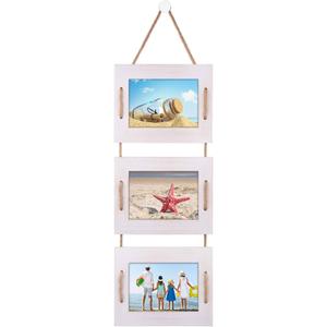 DLQuarts 5x7 Hanging Picture Frames Collage Wall Decor, 3-Frame Set, 3.5x5 with Mat or 5x7 Without Mat, Rustic Solid Wood Photo Frame Pack of 2 Vintage White