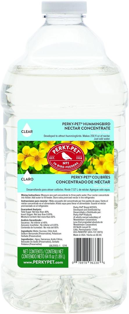Perky-Pet 255CL Clear Hummingbird Nectar 64 Oz Liquid Concentrate - Makes 256 Oz of Hummingbird Nectar (64 Fl Oz (Pack of 1))