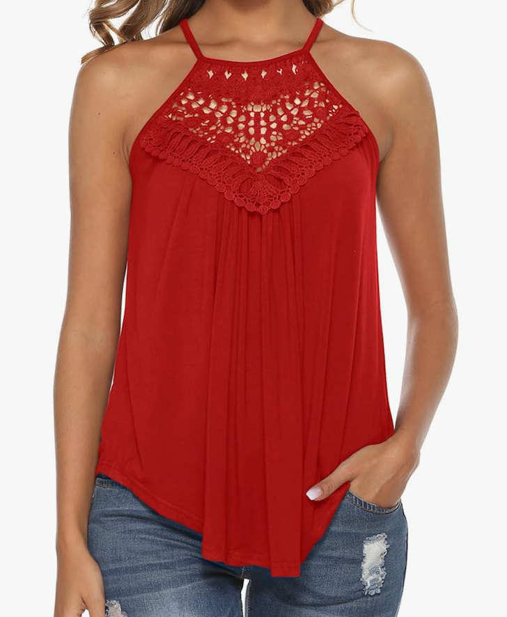 Bluetime Medium Halter Tops for Women Sexy Sleeveless Lace Crochet Dressy Flowy Tank Top Cute Summer Shirts Size M