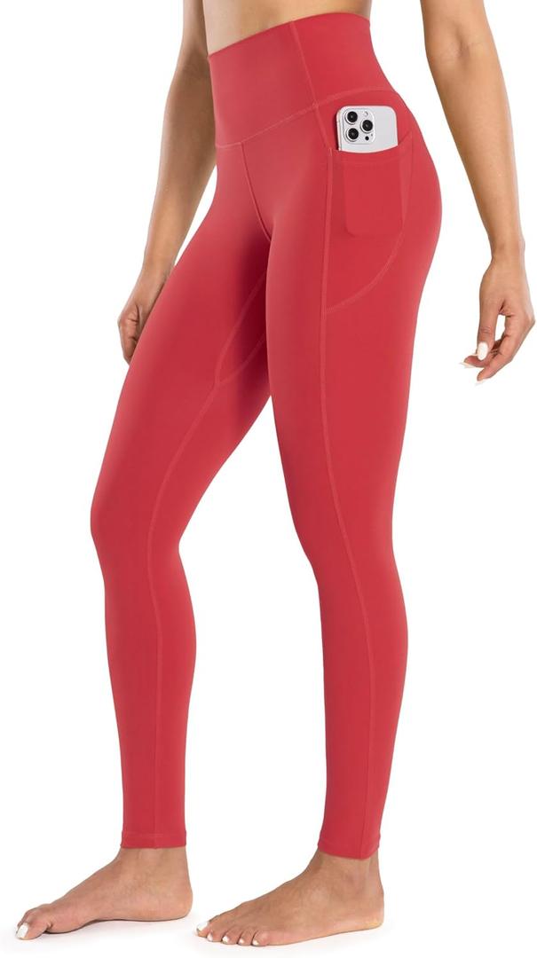 ENERBLOOM Workout Leggings with Pockets for Women High Waist Yoga Pants 25"/28" Cream Soft Lightweight Athletic Gym Tights (Large, Watermelon Red)