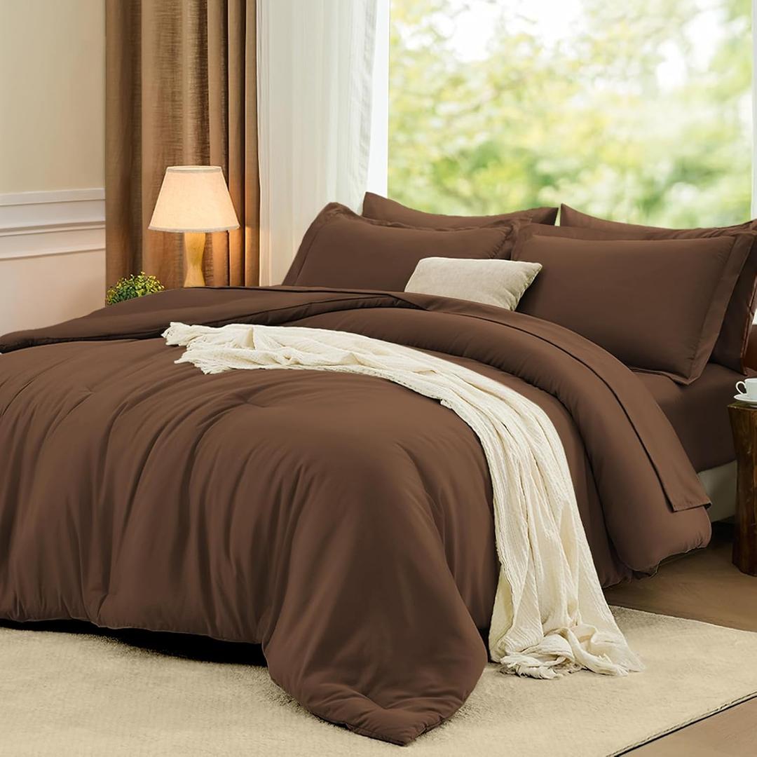 FUANNA Queen Comforter Set Dark Brown, 7 Pieces Soft Bedding Sets Queen Size, All Season Lightweight Bed in a Bag with Comforter, Flat Sheet, Fitted Sheet, Pillowcases & Shams