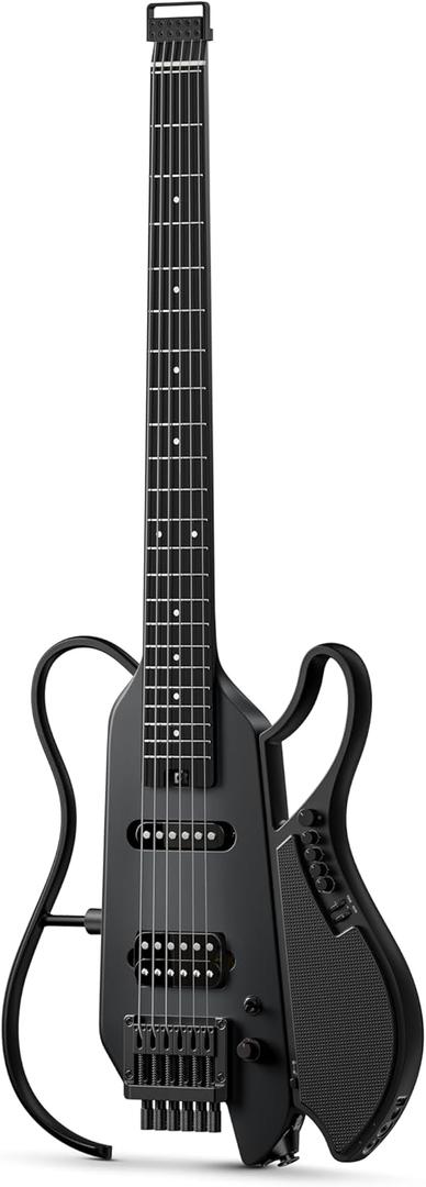 DONNER HUSH X LIVE Electric Guitar with Detachable Speaker, Headless Travel Guitar Built-in Amp Modeling & Effects, Bluetooth Practice Guitar Kit with Gig Bag, Black