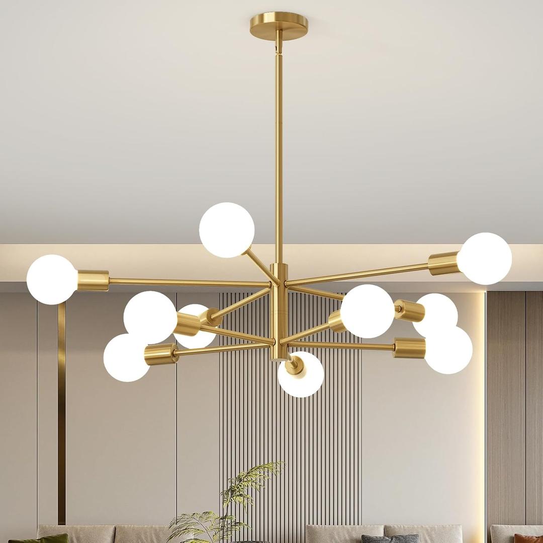 Sputnik Chandeliers Moderna Light Fixture, 10 Lights Gold Mid Century Ceiling Chandelier, Height Adjustable for Living Room, Kitchen, Dining Room, Bedroom,Foyer